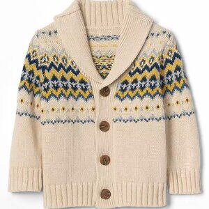 Baby Gap Cozy Knit Button Up Fair Isle Cardigan - Beige, Blue, Yellow 12-18M